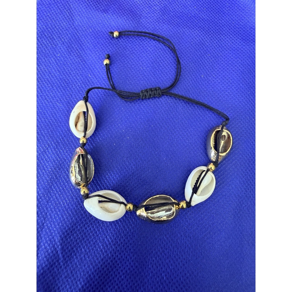 White Shell Gold Tone Cowrie Beaded Cord Bracelet Adjustable Beach Boho Unisex